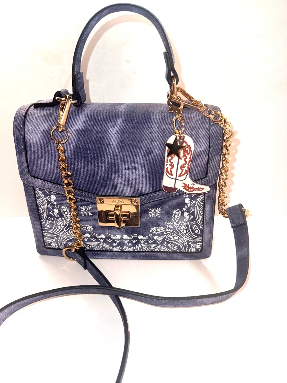ALDO Denim Look Bandana Print Top Handle Crossbody Satchel Cowboy Boot Charm NWT - Picture 5 of 11